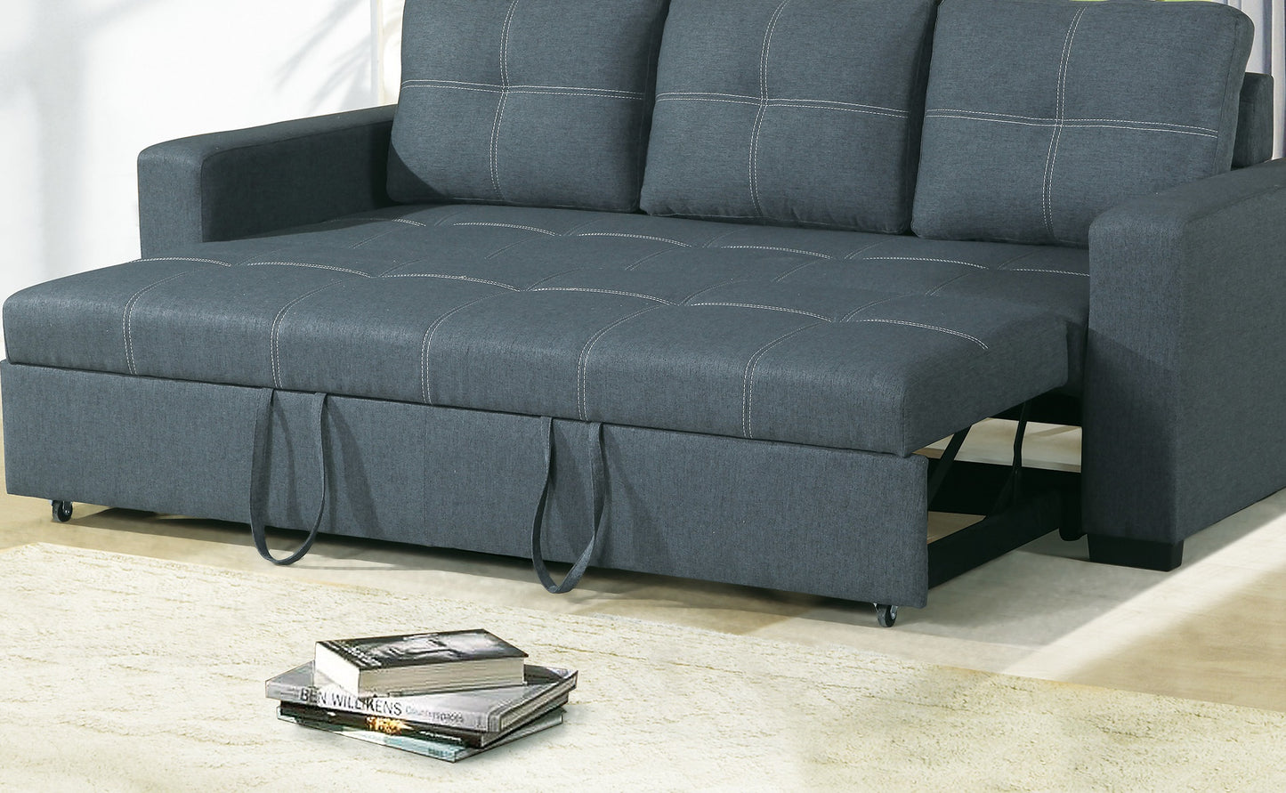 Dark gray fabric sofa bed with tufted cushions and hidden storage ideal for small spaces