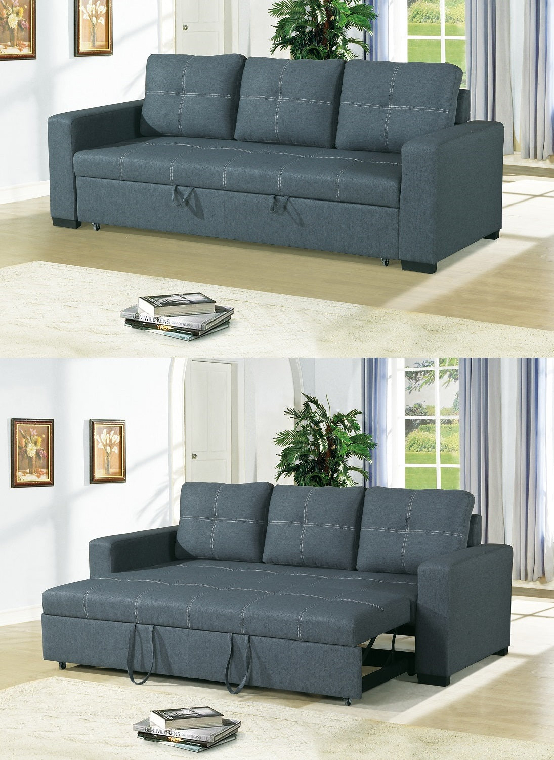 Dark gray fabric sofa bed with pullout mattress and storage modern living room furniture