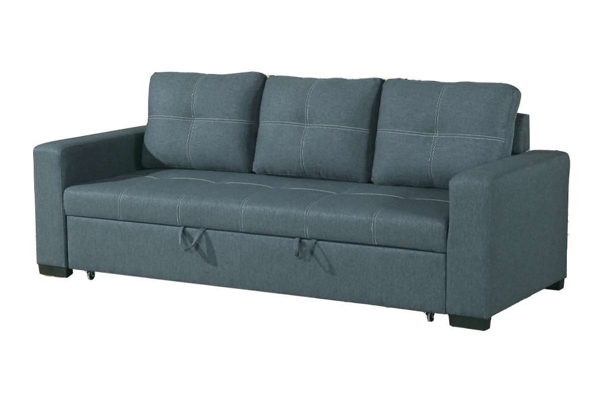 Dark gray upholstered sofa bed with three tufted back cushions and pull tabs for storage