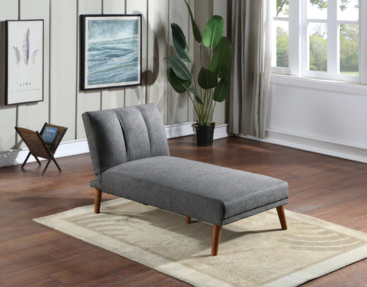 Grey fabric chaise lounge with tufted backrest and wooden legs