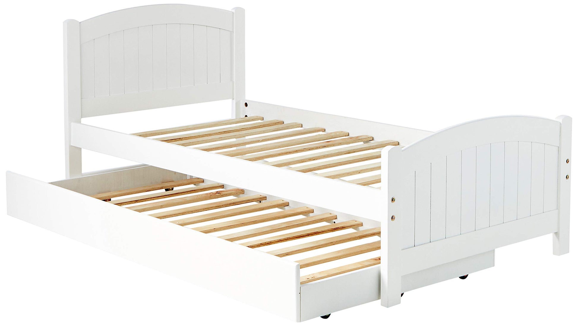White wooden twin bed frame with a pullout trundle for guest rooms