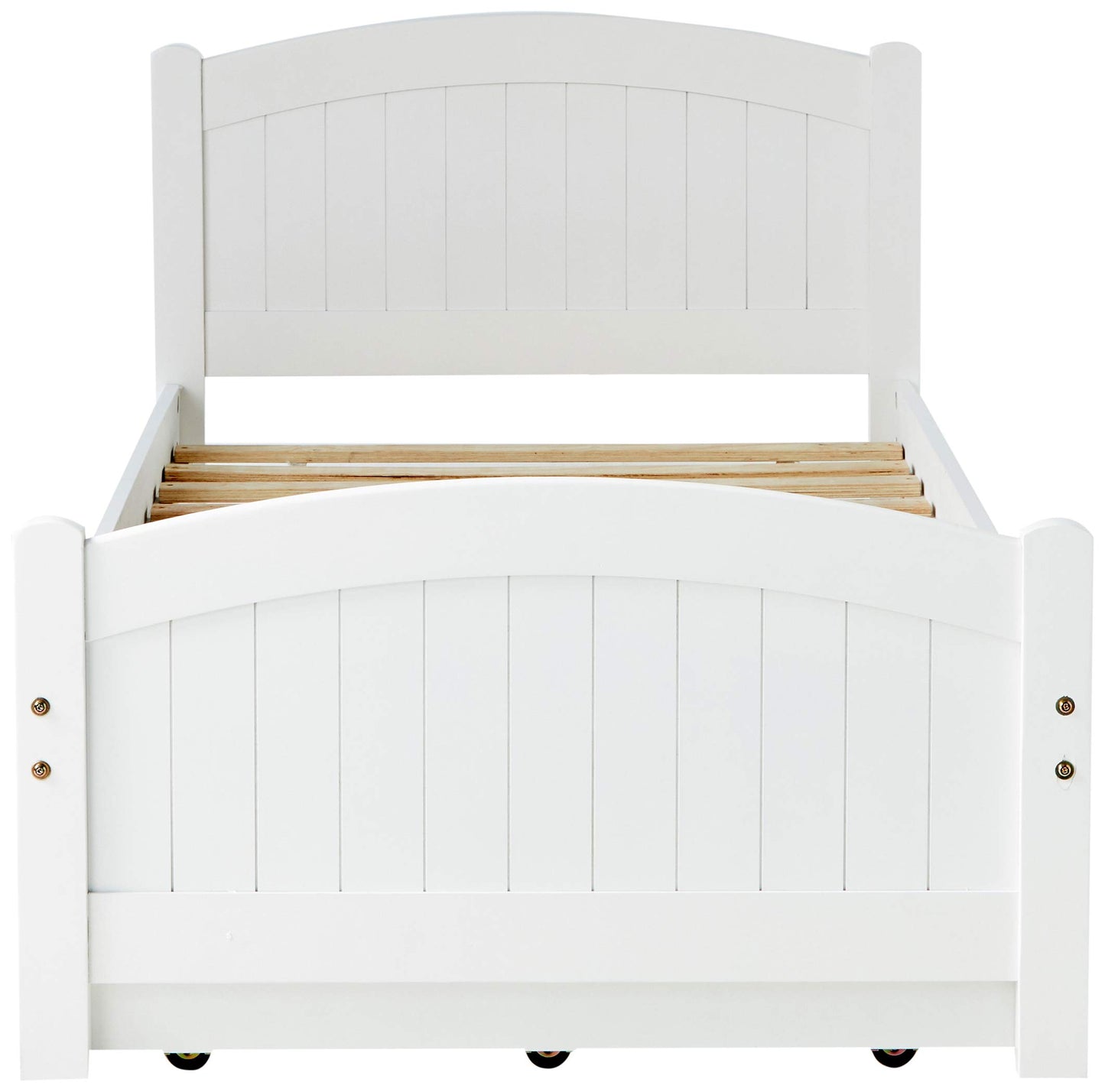 White wooden toddler bed with slatted base curved headboard and footboard for nursery