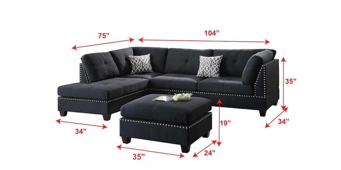 Dark grey linen sectional sofa with nailhead trim and tufted cushions dimensions  x  x