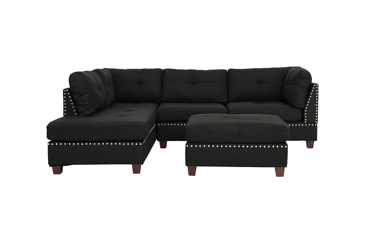 Black tufted fabric sectional sofa with studded trim and matching ottoman for modern living room comfort