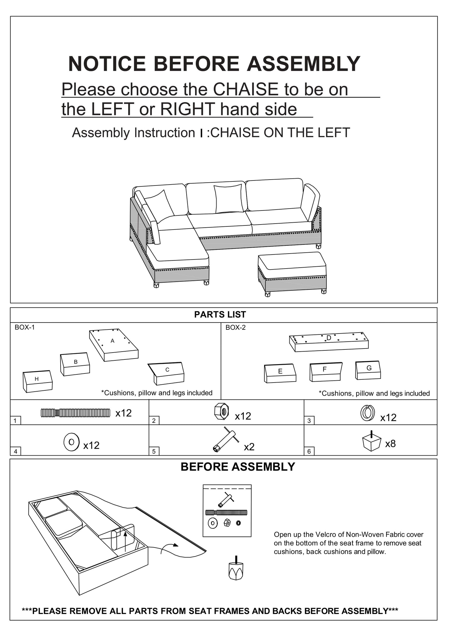 Diagram of a lefthand facing sectional sofa with ottoman for assembly instructions