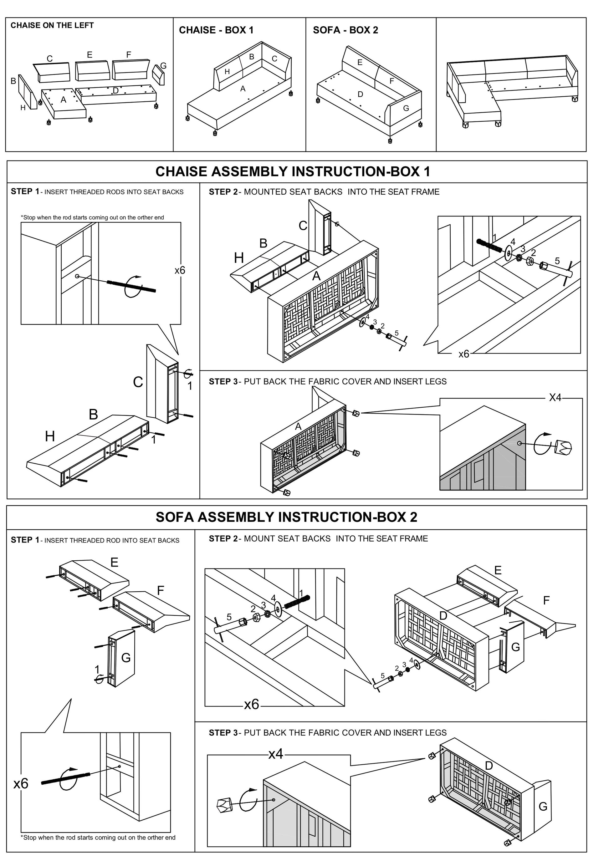 Chaises assembly diagram showing parts B C E F G H and A for left chaise
