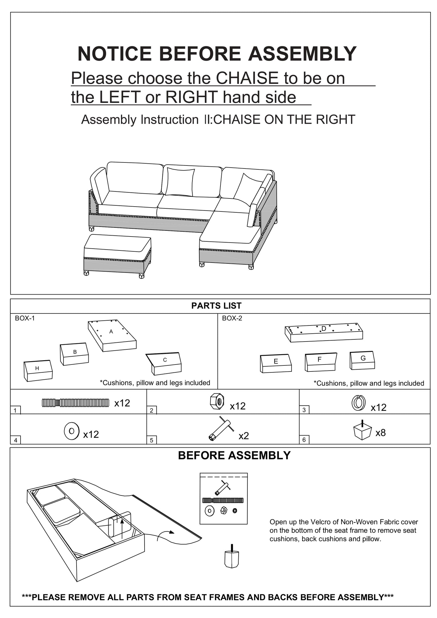 Diagram shows a sectional sofa and ottoman for furniture assembly