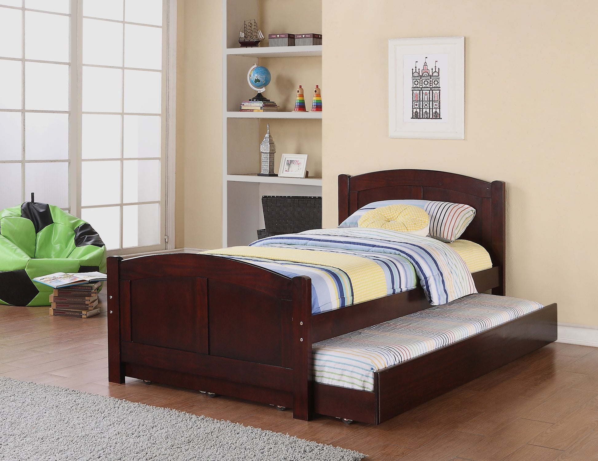 Dark cherry wood twin bed with pullout trundle perfect for guest rooms