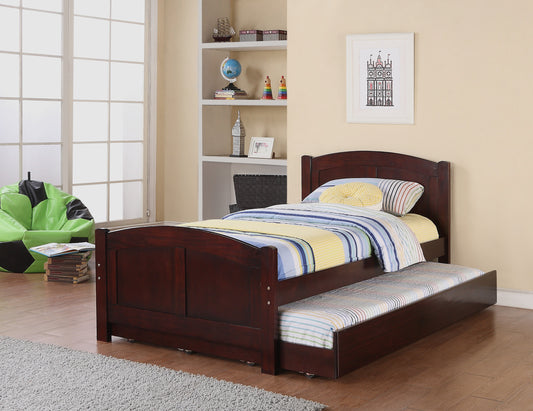 Dark cherry wood twin bed with pullout trundle perfect for guest rooms