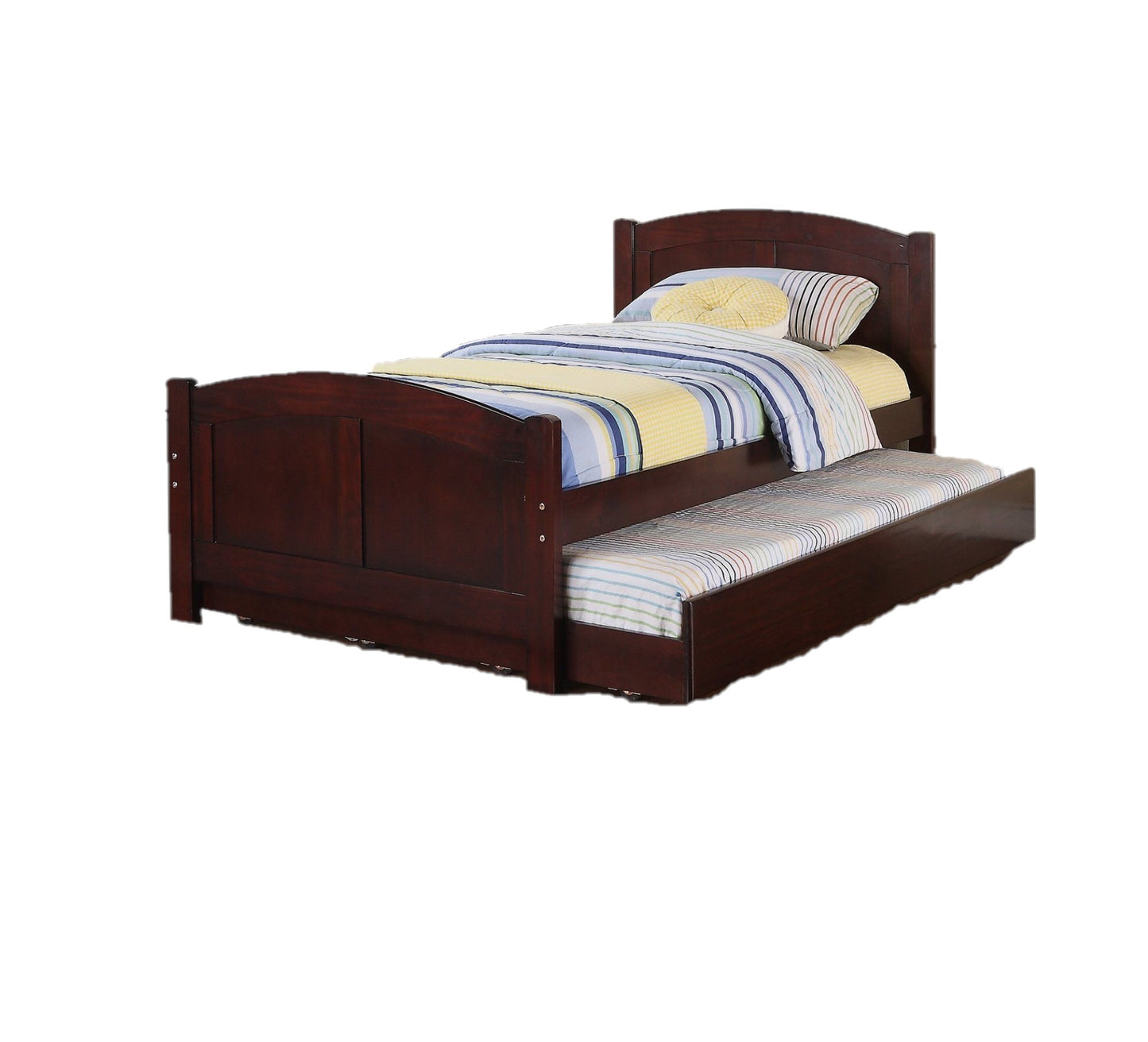 Dark cherry wood twin toddler bed with a pullout trundle perfect for guest rooms