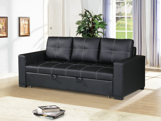 Black faux leather sofa with white stitching and pull tabs for conversion