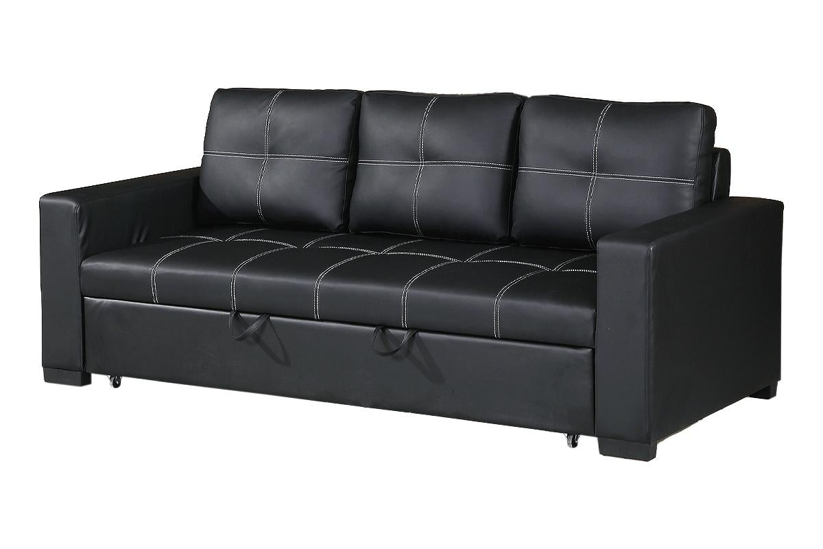 Black faux leather sofa with white stitching and hidden pullout bed functionality