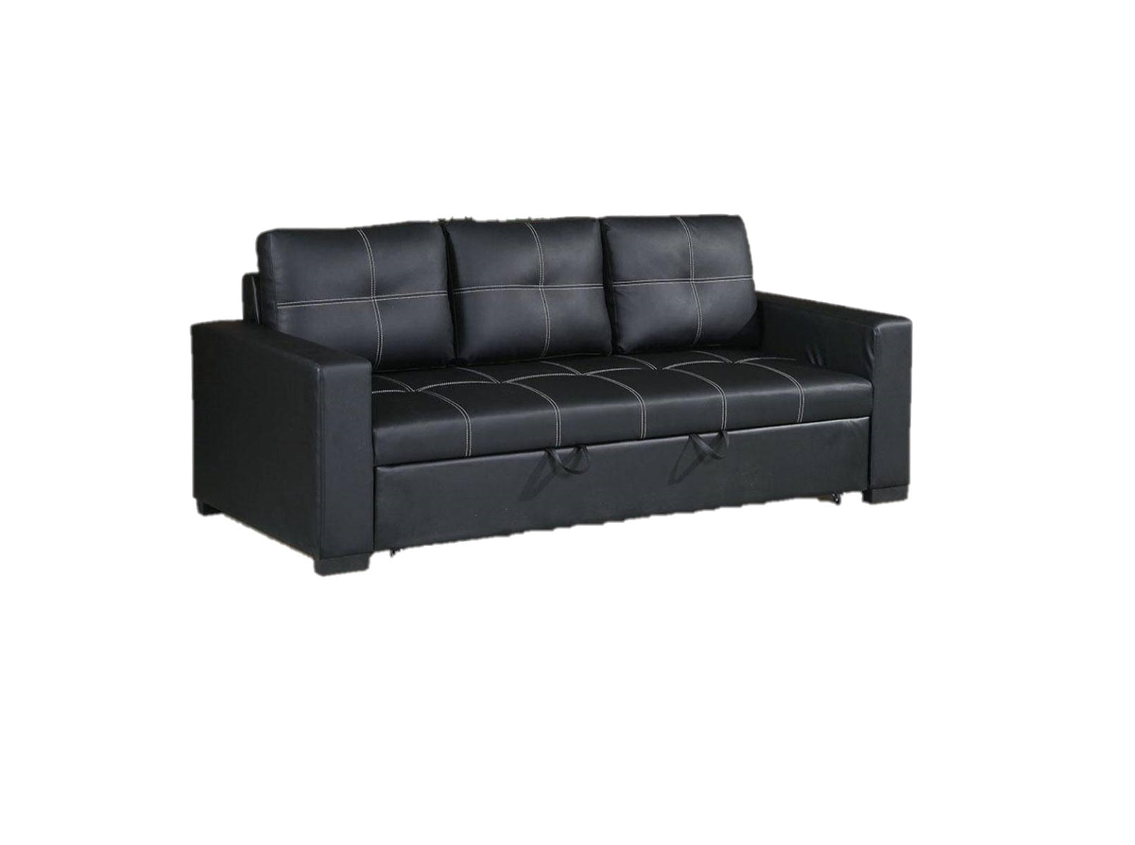 Black faux leather sofa bed with white stitching detail and pullout storage drawers