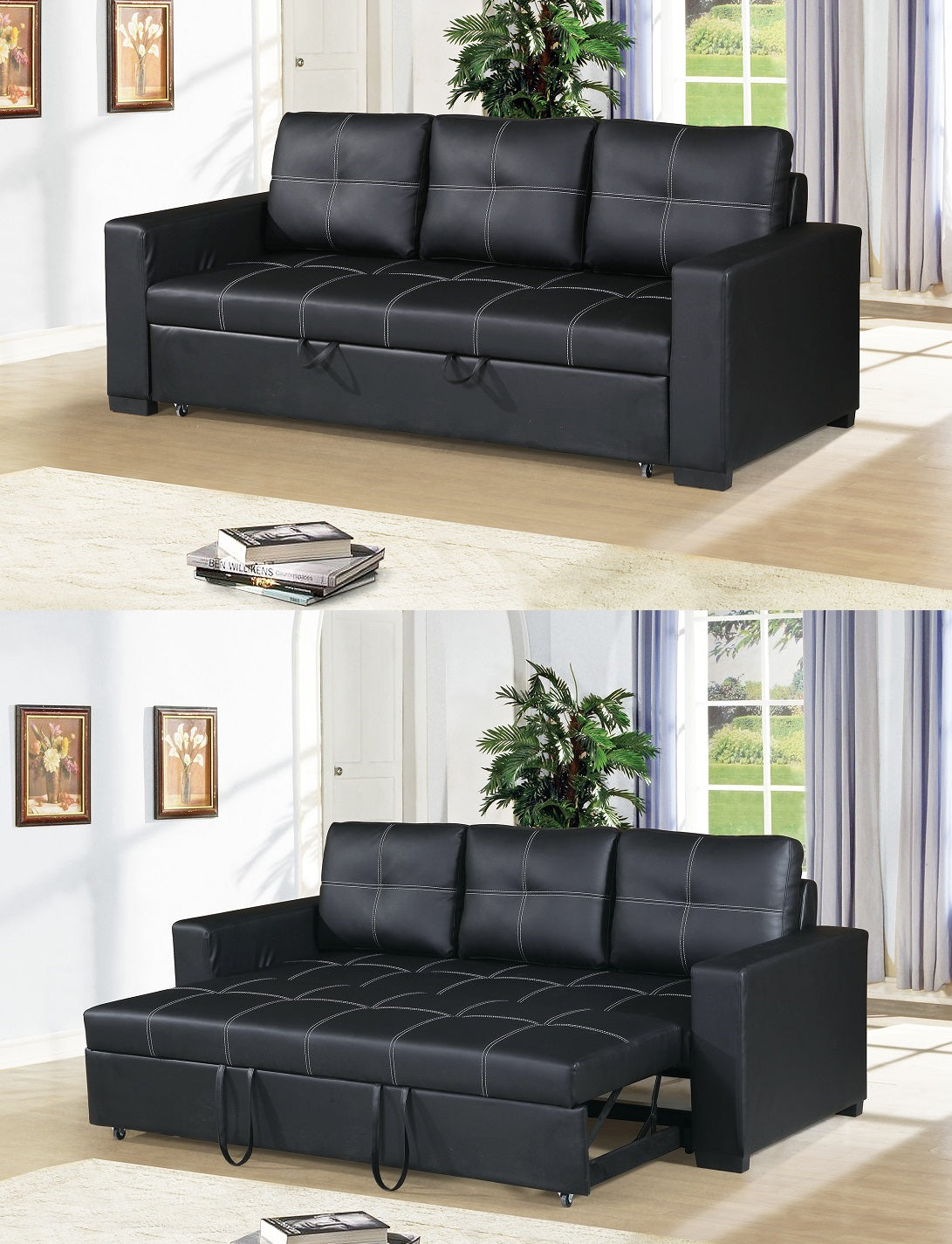 Black faux leather sofa bed with white stitching and pullout mattress