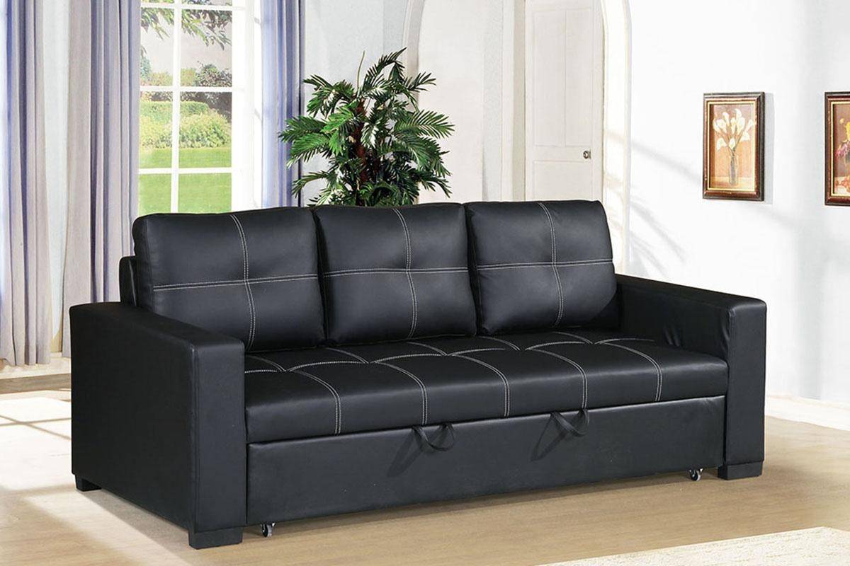 Black faux leather sofa bed with white contrast stitching and pullout drawers