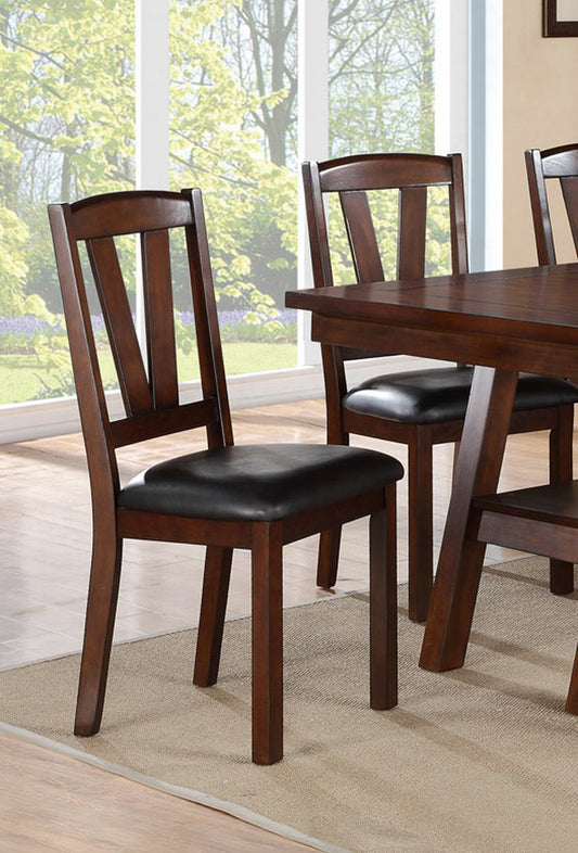 Dark brown wooden dining chair with black upholstered seat