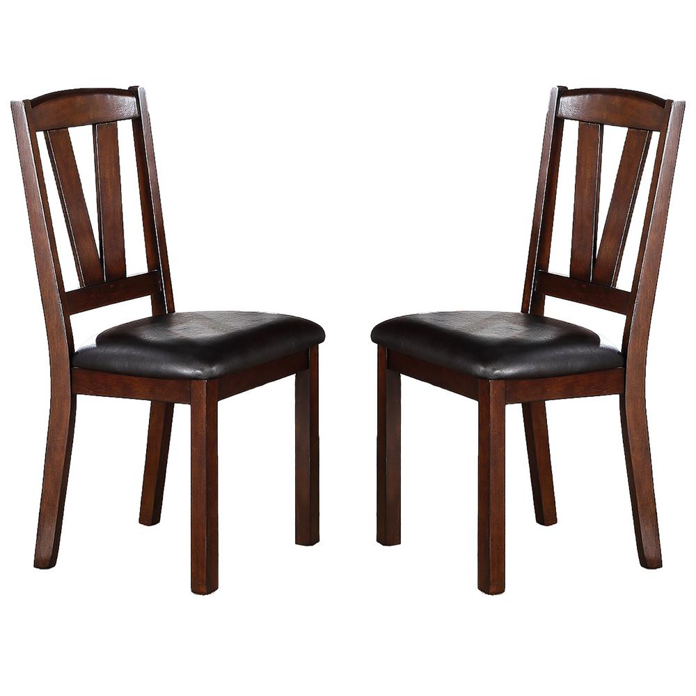 Two dark brown wooden dining chairs with black upholstered seats and slatted backs
