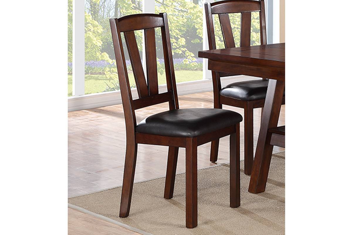 Dark wood dining chair with black padded seat and slatted back perfect for modern homes