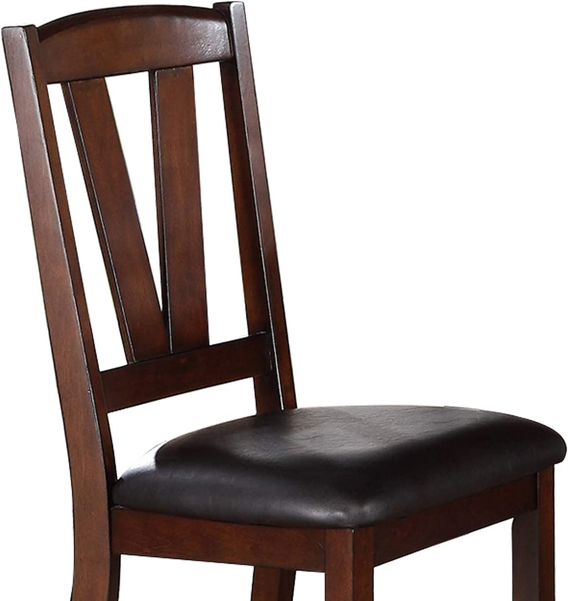 Dark wood dining chair with slatted back and black vinyl seat