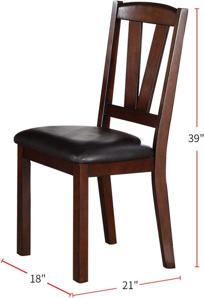 Dark brown wood dining chair with a padded leather seat and vertical slat back
