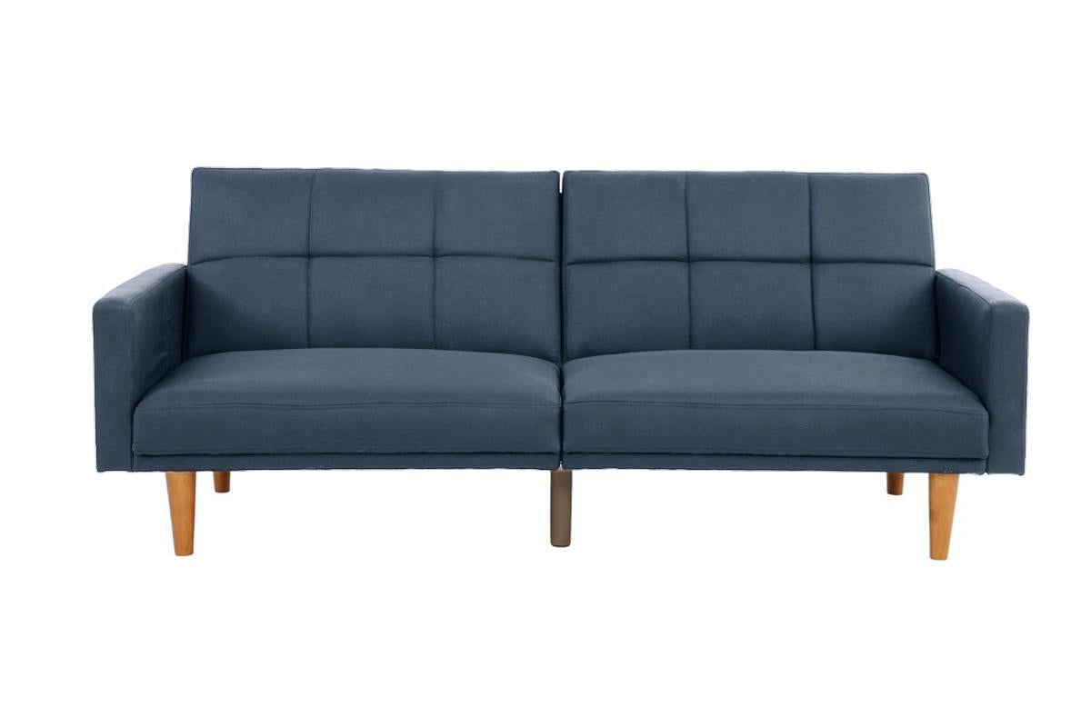 Tufted navy blue fabric futon sofa with tapered wooden legs