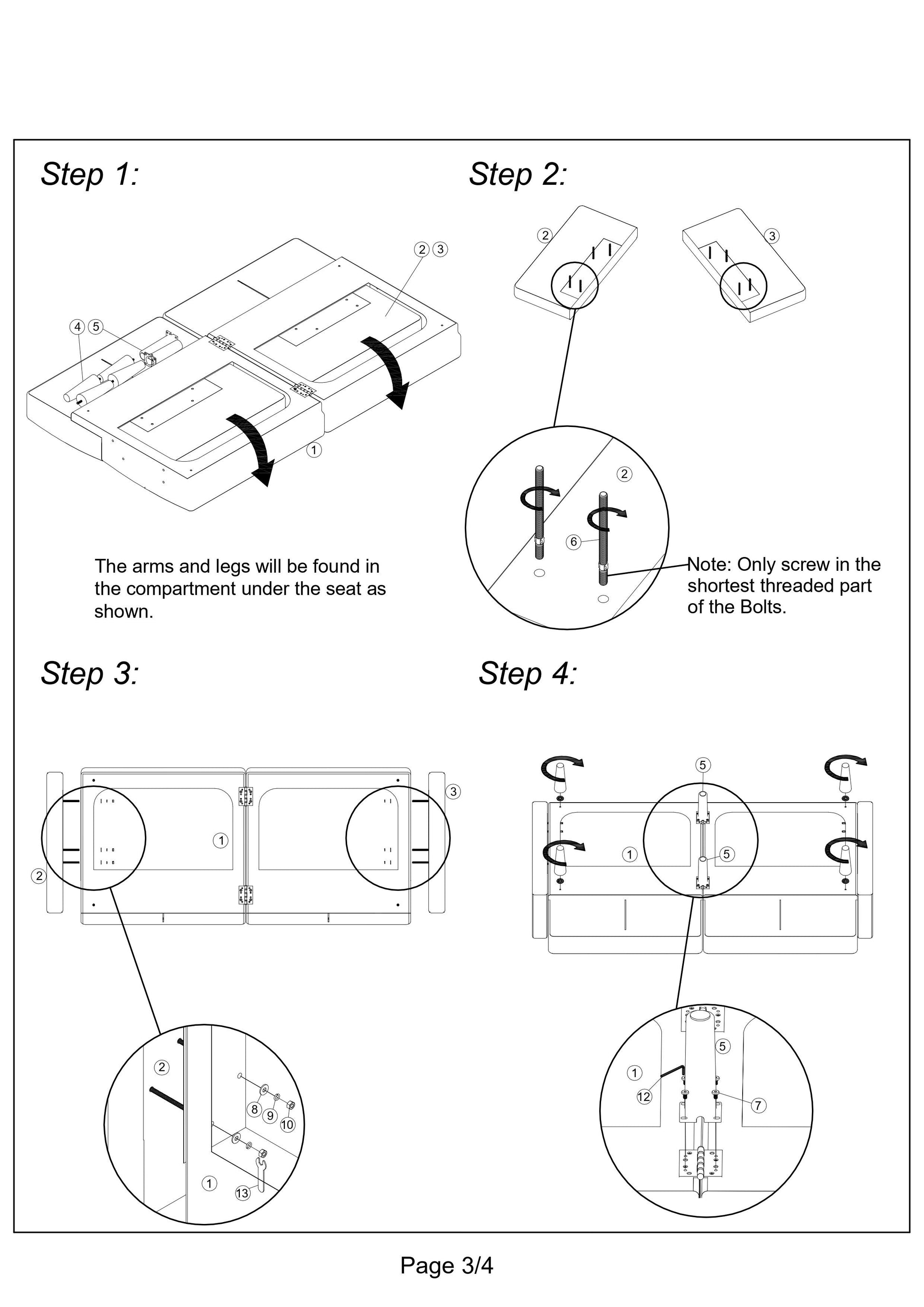 Step  Illustrates attaching legs and arms to a sofa base for furniture assembly