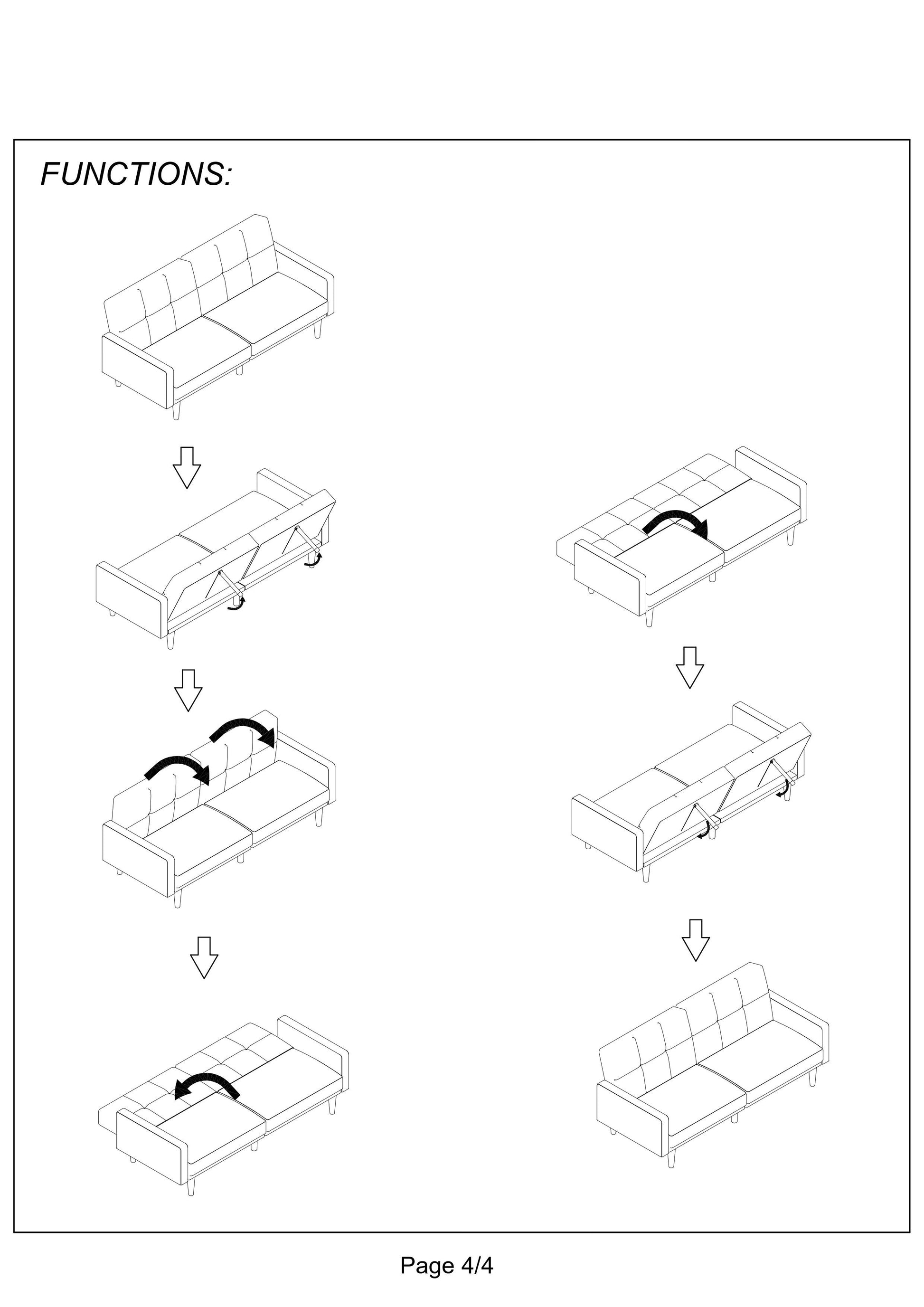 Line drawing of a futon sofa in upright position ready for assembly