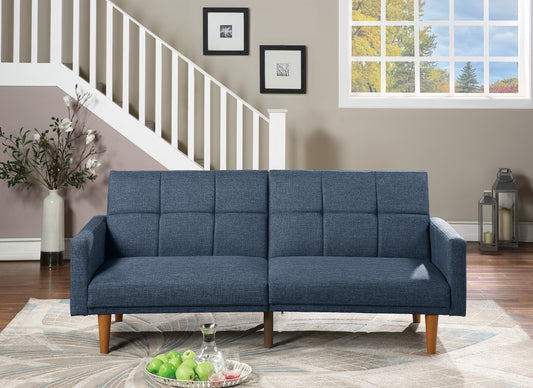 Navy blue fabric sofa with button tufting and wooden legs perfect for modern living rooms
