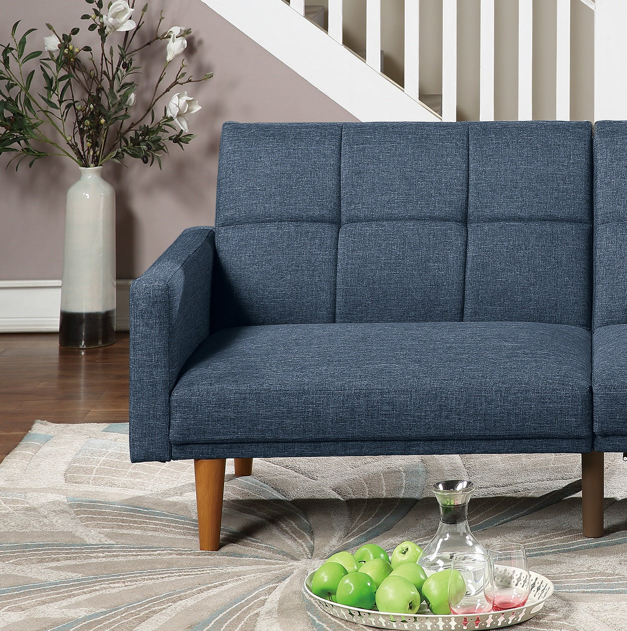 Tufted navy blue fabric sofa with wooden legs modern accent furniture