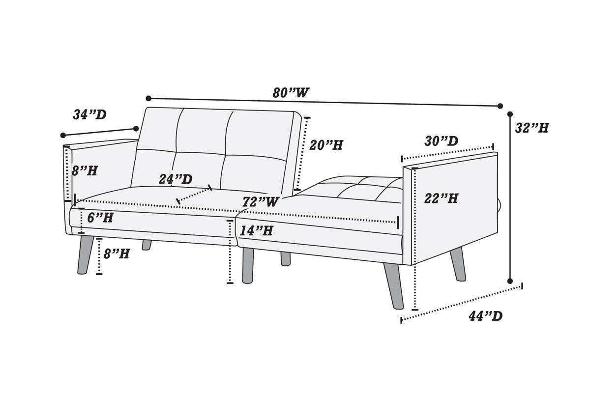 Diagram showing dimensions of a tufted futon sofa bed Width  inches