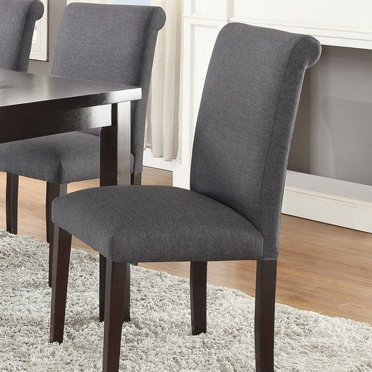 Dark gray upholstered dining chair with curved back and dark wood legs