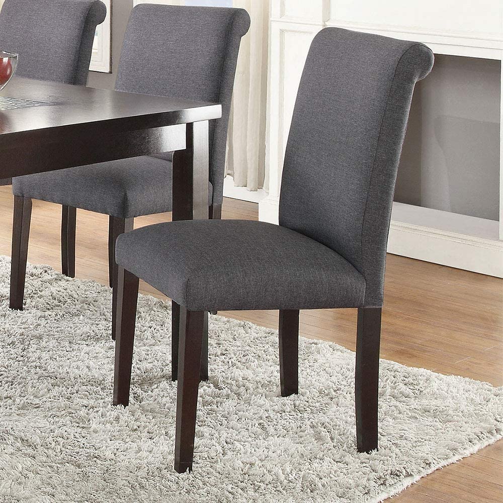 Dark grey upholstered dining chair with curved back and dark wood legs