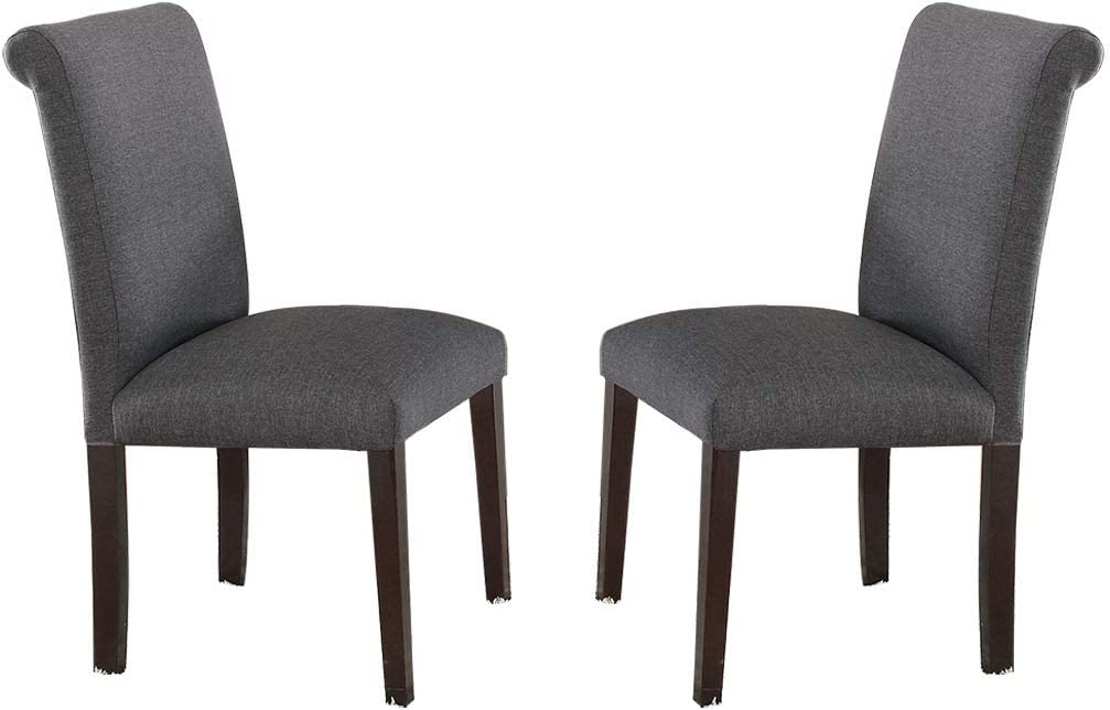 Two charcoal gray upholstered dining chairs with dark wood legs