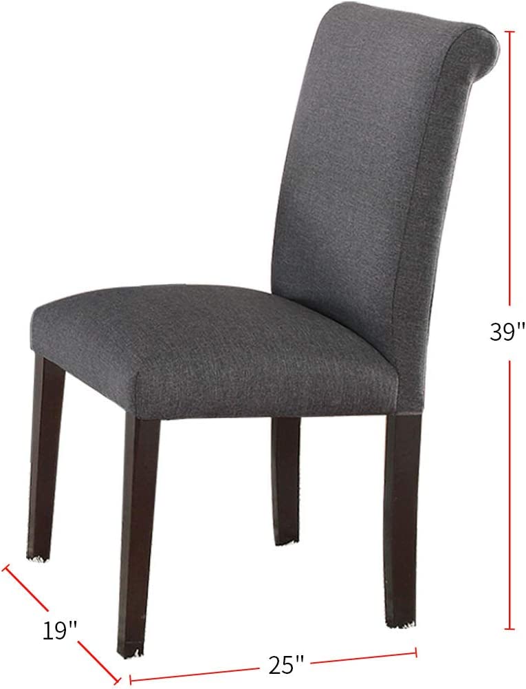 Dark gray upholstered dining chair with curved back and wooden legs
