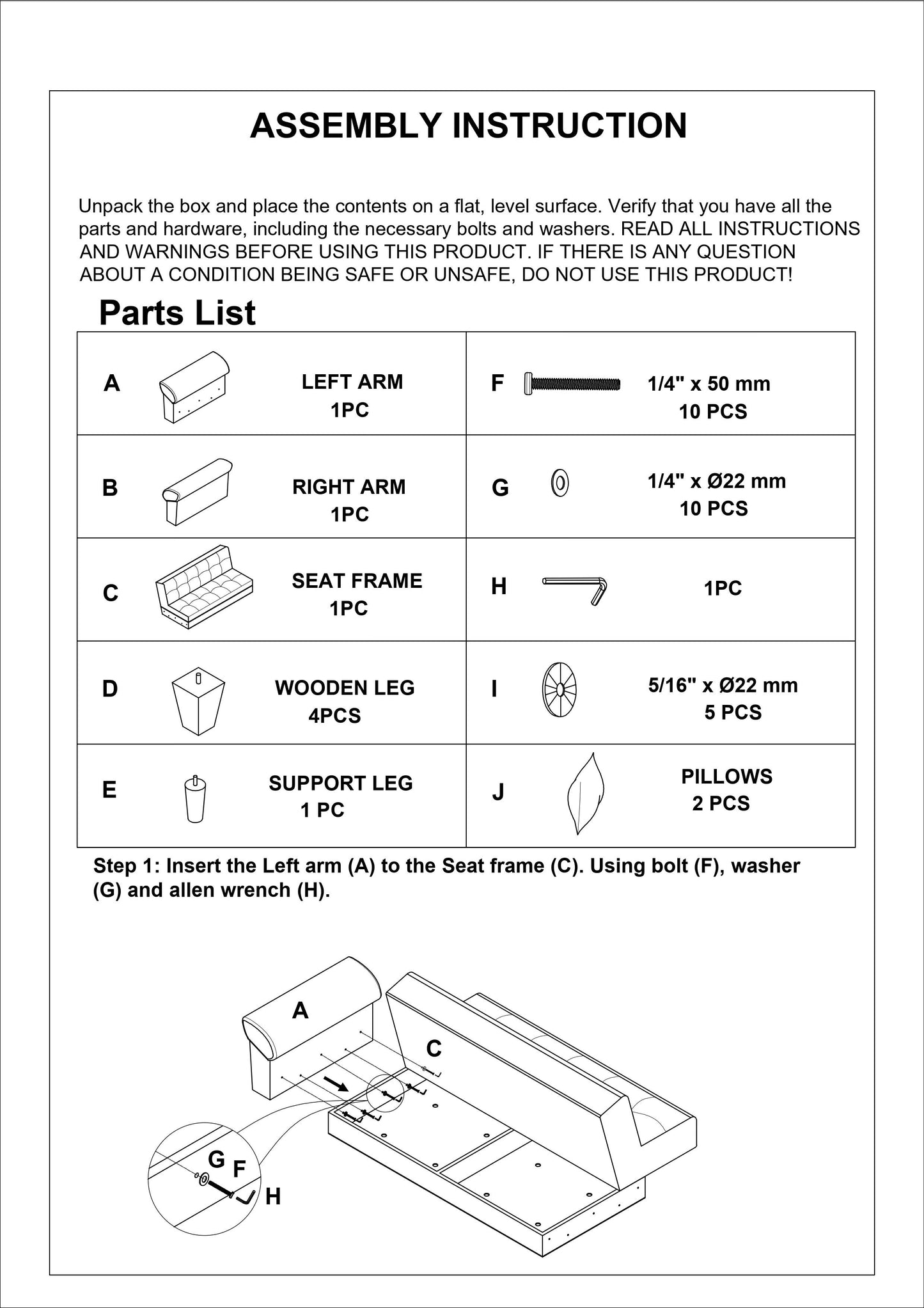 Left armrest component for sofa assembly part A