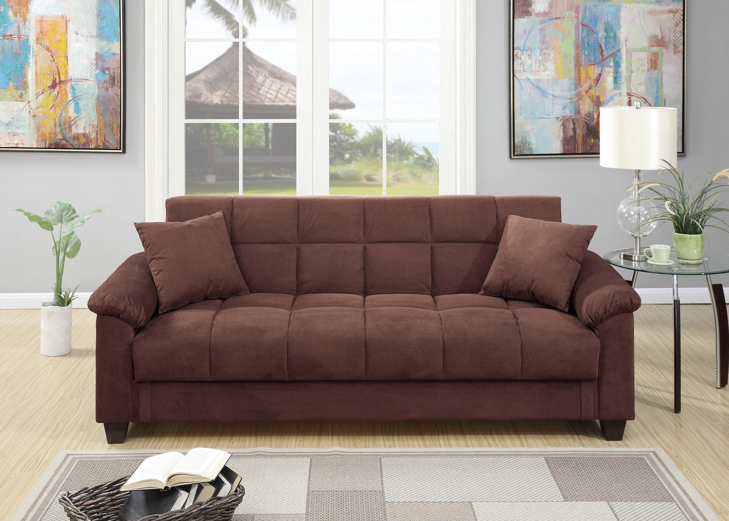 Tufted brown microfiber sofa with two throw pillows perfect for small living spaces