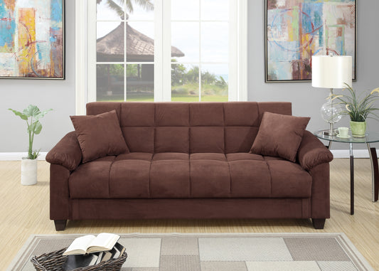 Tufted brown microfiber sofa with two throw pillows perfect for small living spaces