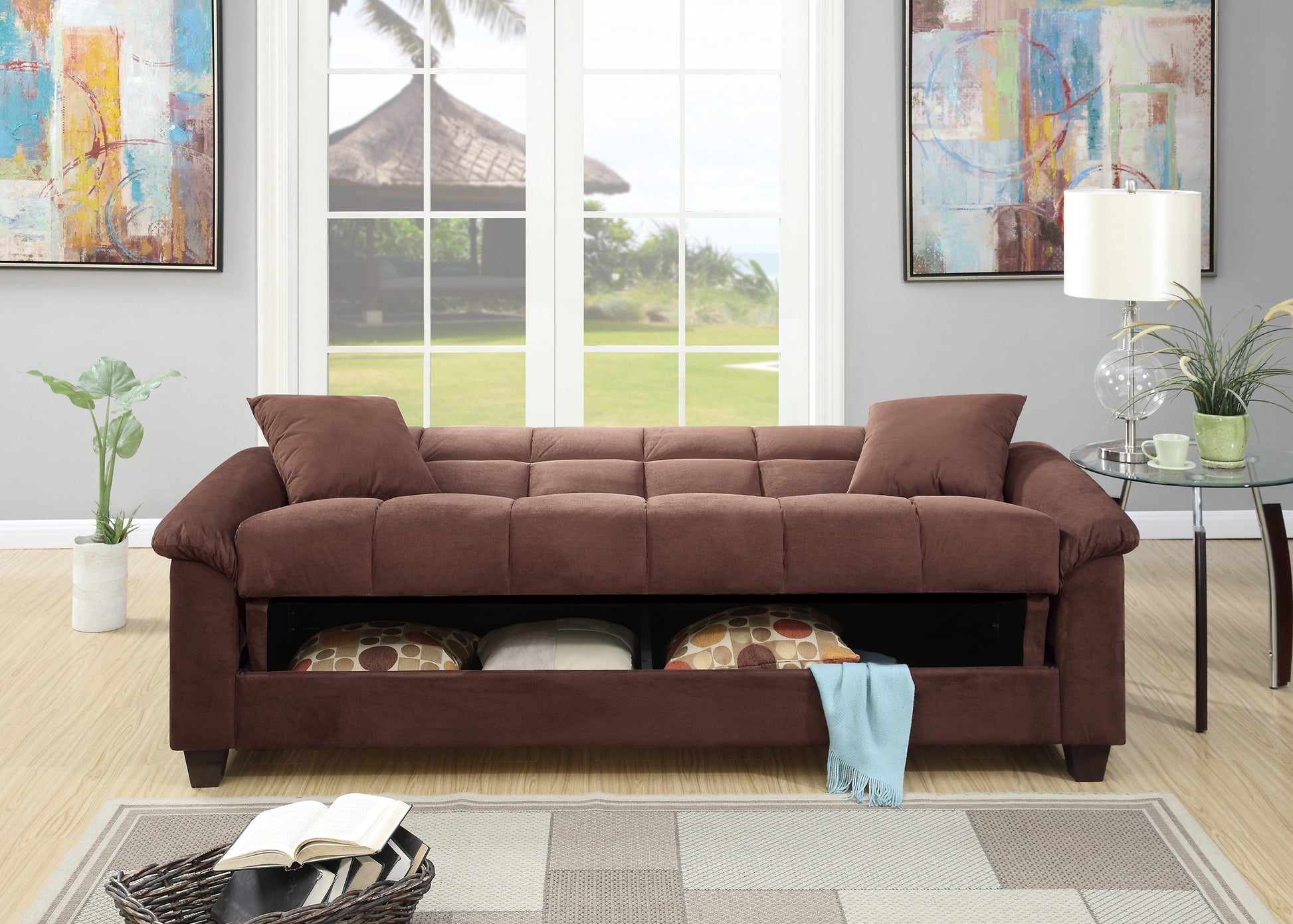 Brown velvet tufted sleeper sofa with hidden storage compartment and throw pillows
