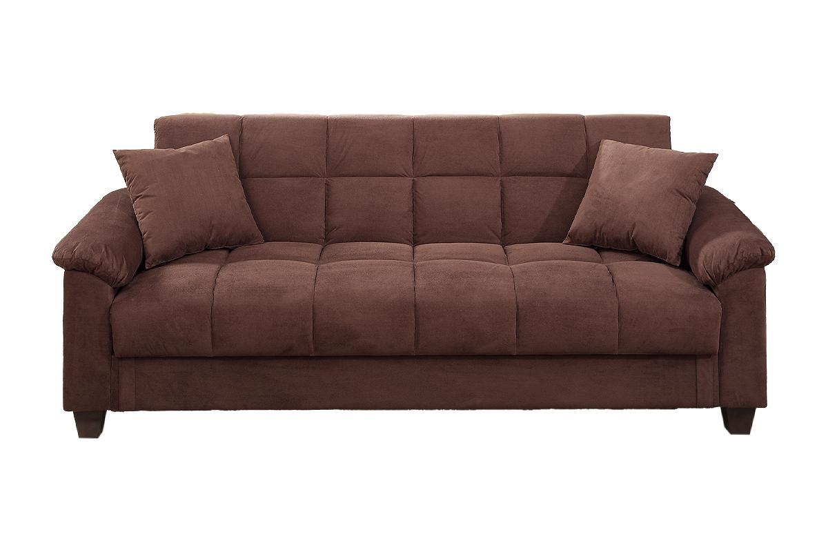 Chocolate brown tufted sofa with two square throw pillows plush microfiber upholstery