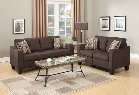 Rich brown fabric sofa set with patterned accent pillows perfect for living room comfort