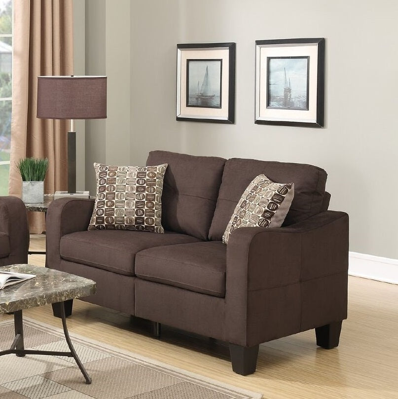 Chocolate brown fabric loveseat with patterned throw pillows for living room comfort
