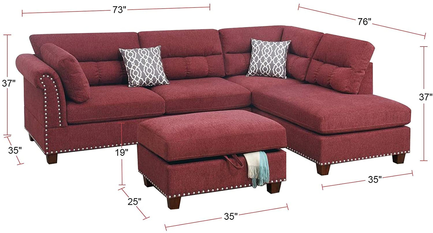 Red upholstered sectional sofa with silver nailhead trim and storage ottoman