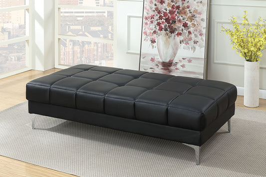 Black tufted leather ottoman with silver metal legs ideal for living rooms