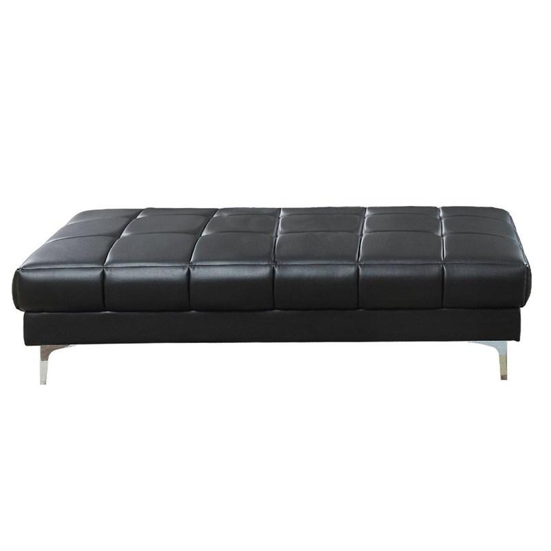 Black leather tufted ottoman with silver metal legs a modern accent piece