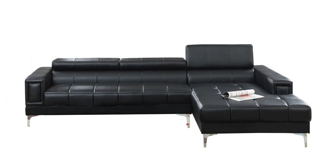 Black leather sectional sofa with tufted cushions and adjustable headrests