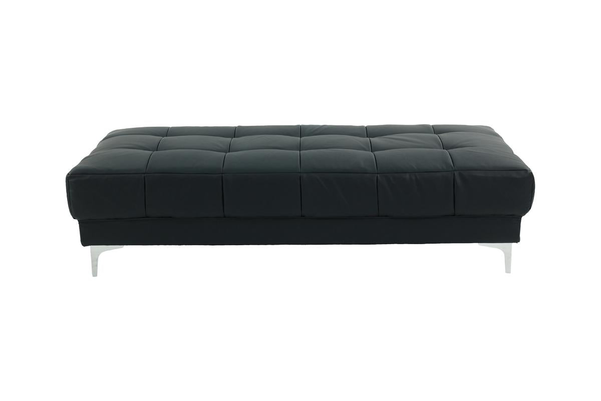 Black tufted leather ottoman with chrome legs providing a modern accent piece for living rooms