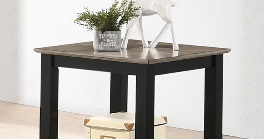 Rustic wood top side table with black legs and decorative accent