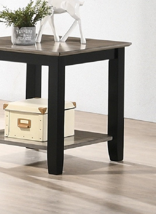 Black and gray twotone square end table with decorative box and plant