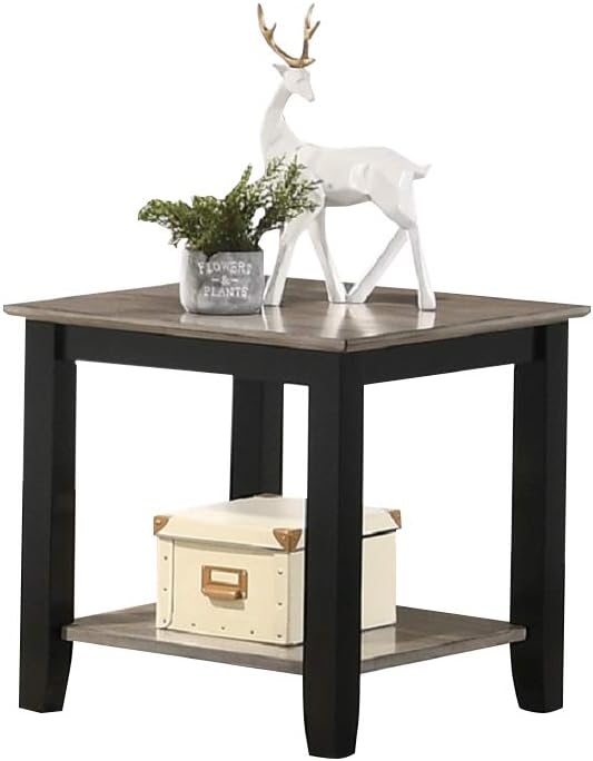 Farmhouse end table with distressed grey top and black legs featuring a decorative deer statue