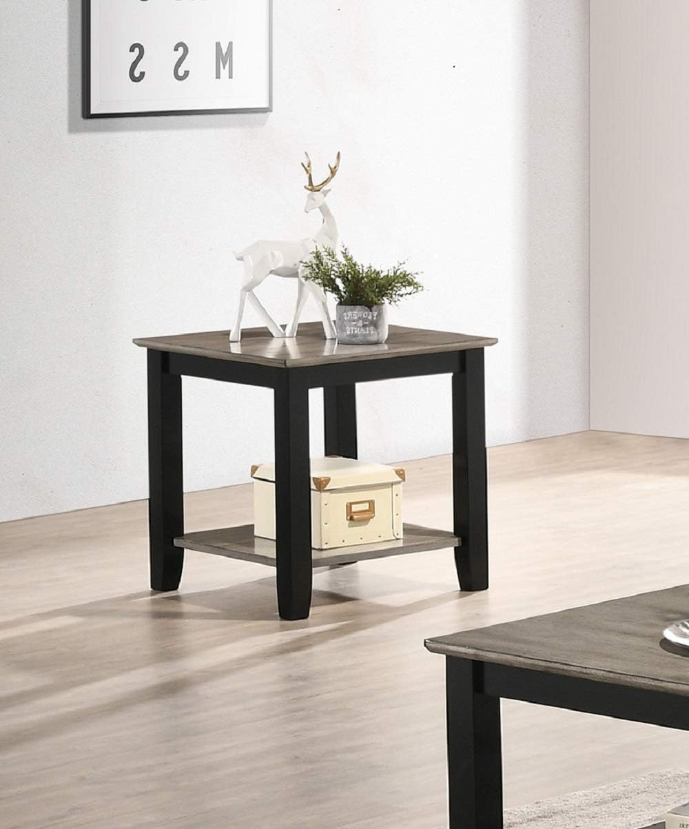 Dark wood accent table with dual shelves and a decorative deer figurine